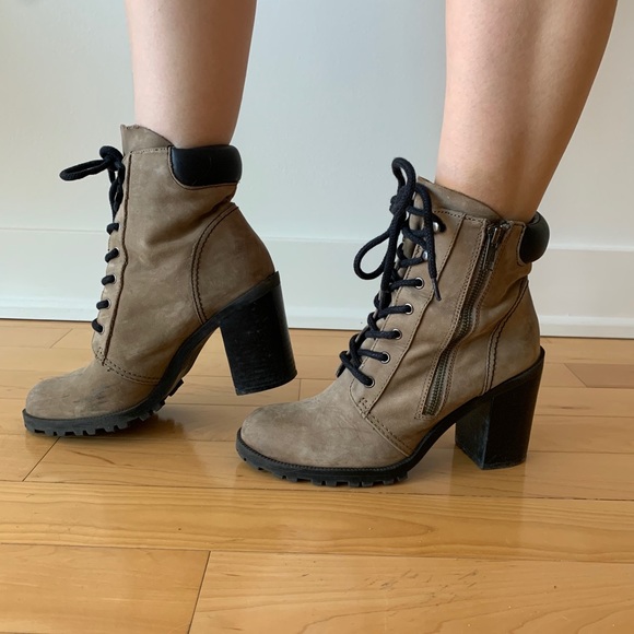 Block Heel Genuine Suede Nude and Black Booties - Picture 3 of 7